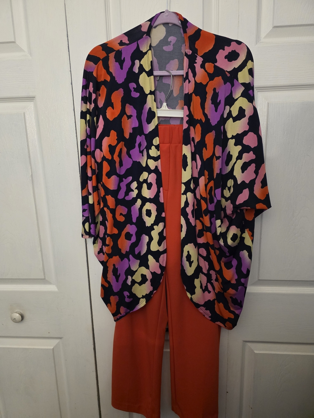 Vibrant Leopard Print Open Kimono and Orange Pant - Black, Purple, Orange, Cream